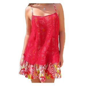 FREE PEOPLE red knit floral pleated tunic short dress size Small